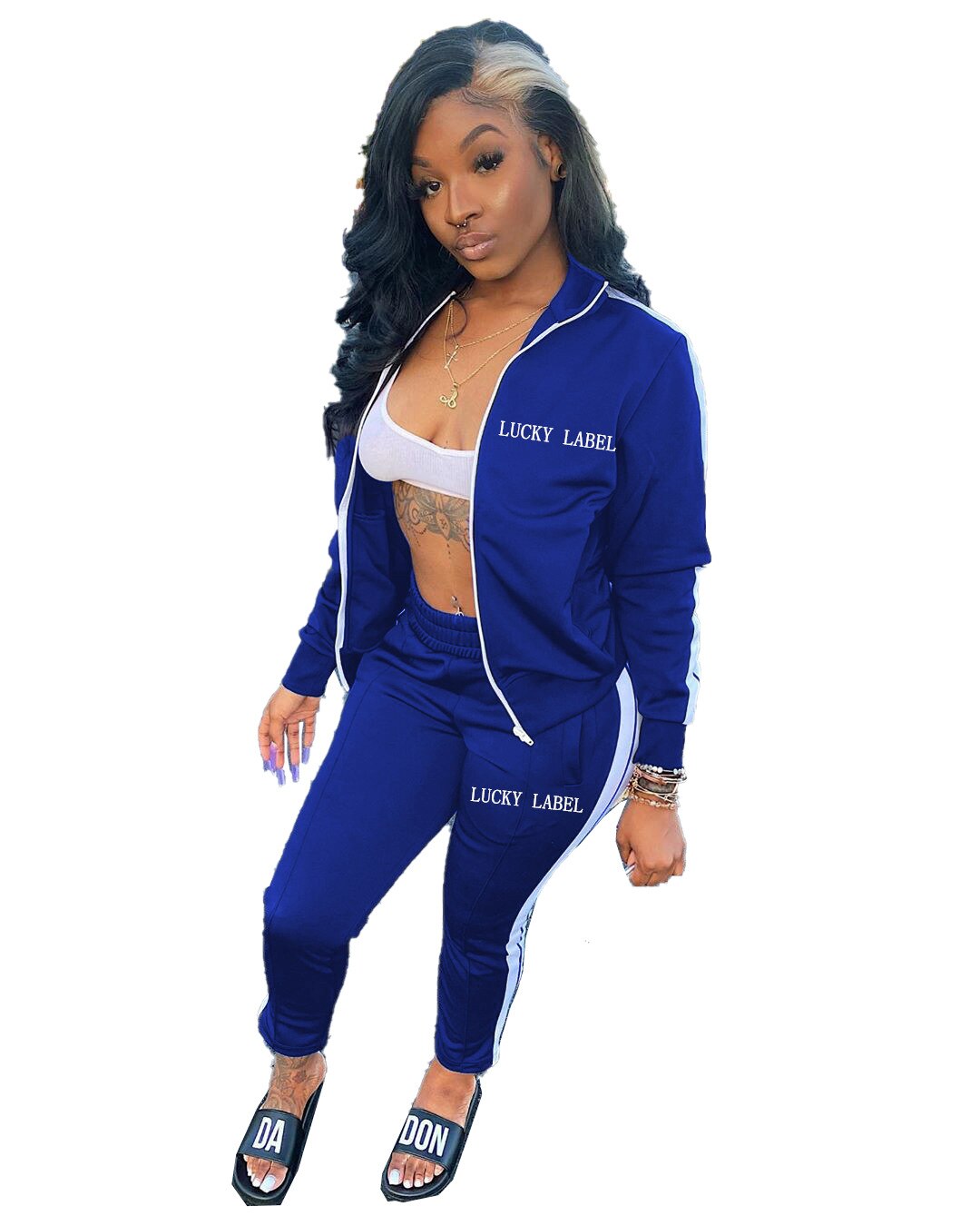 Ronikasha Women Two Piece Pants Set Sportswear Letter Lucky Label Embroidery Patchwork Zipper Tops + Sport Leggings Tracksuits