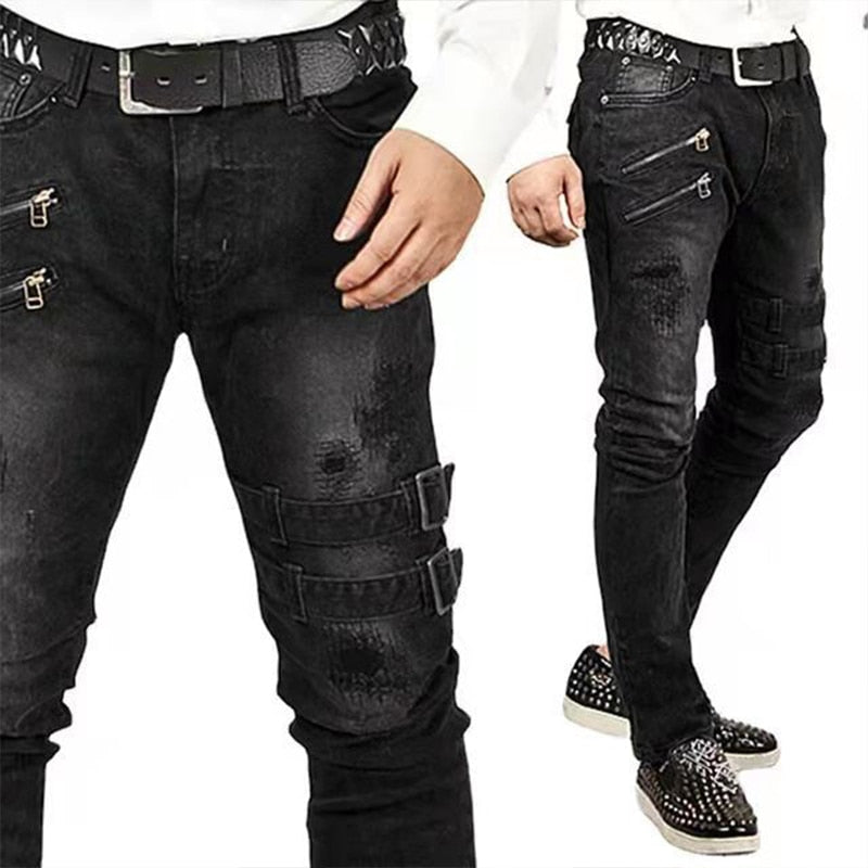 Men High Waist Fashion Jean Spring Summer Boyfriend Motorcycle Street Wear Skinny Casual Denim Pants Jeans Straight Trousers