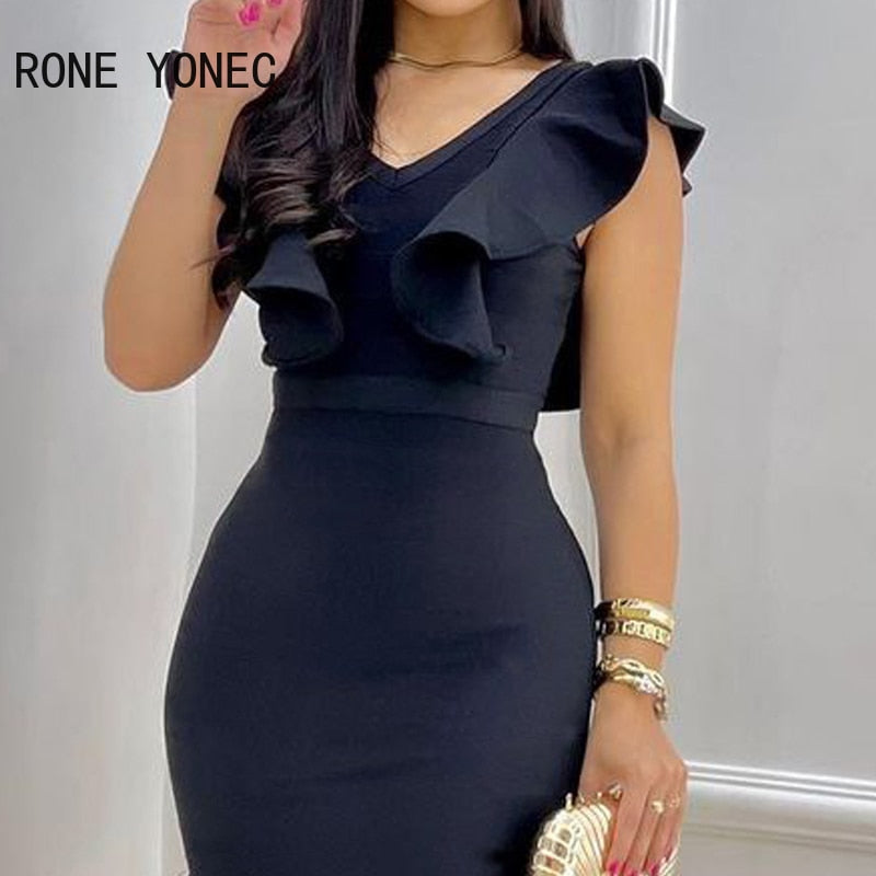 Women Solid Sexy Flying Sleeves Cascading Ruffle Bodycon Formal Party Dresses