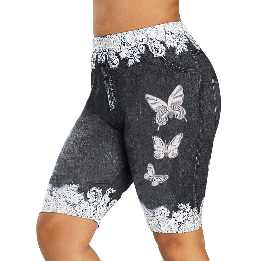 Plus Size Denim Shorts Women Lace Patchwork Butterfly Print Bodycon Shorts Elastic Skinny Denim Shorts for Women short feminino