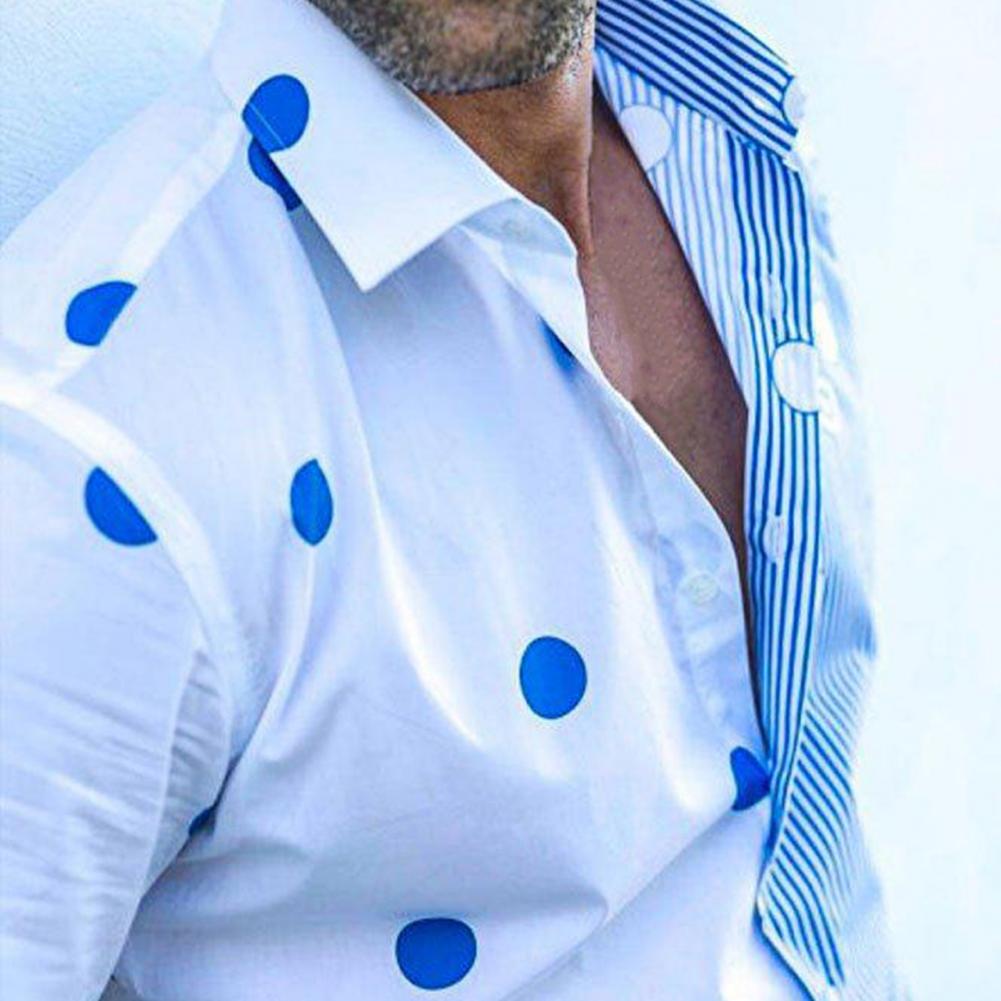 Men shirt Polka Dot Stripe Blue White Color Patchwork Single-breasted Men