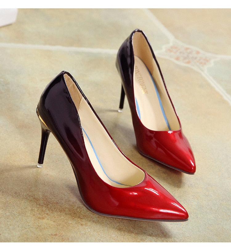 Women Shoes Pointed Toe Pumps Patent Leather Dress Wine Red 10CM High Heels Boat Shoes Wedding Shoes Zapatos Mujer