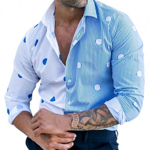 Men shirt Polka Dot Stripe Blue White Color Patchwork Single-breasted Men