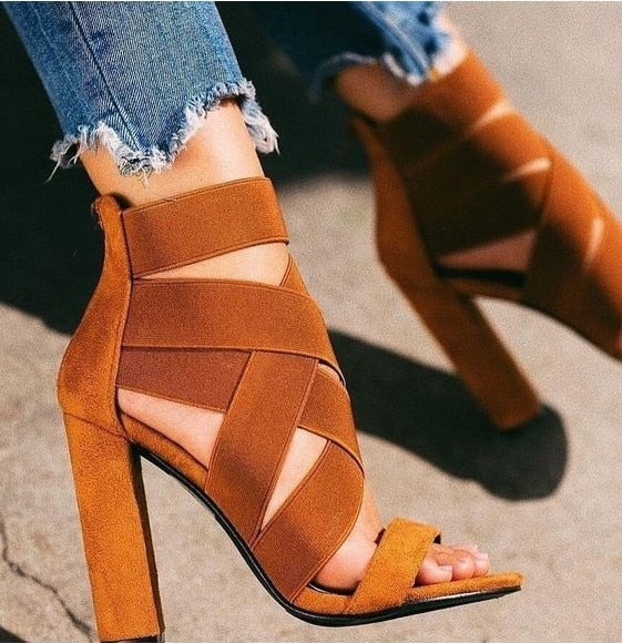 Gladiator Sandals Fashion Women Sandals High Heels Open toe Ankle Strap Elastic band Shoes Size 35-40 Pumps