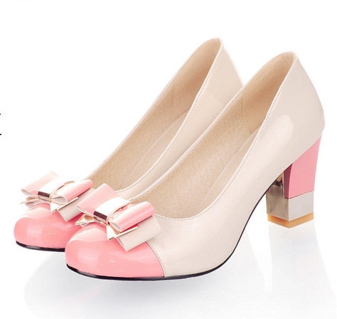 Hot 2023 Candy Color Women Pumps Shoes Shallow Block High Heels Shoes Ladies Sweet Bowtie Pink Wedding Working Party Shoes Woman