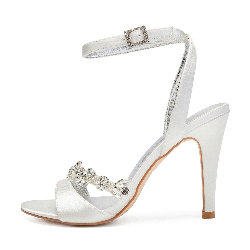 Sexy strappy sandals high heel lady party show cocktail satin dress shoes bridal wedding pumps with rhinestone crystal chain toe