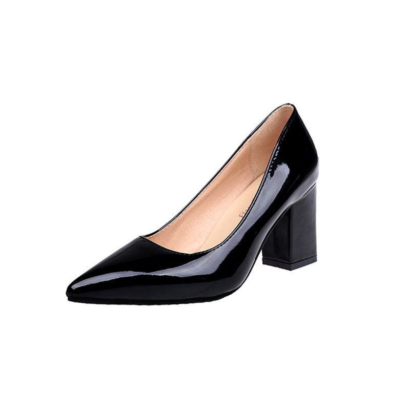 New Women Pumps Black High heels 7.5cm Lady Patent leather Shallow Thick with Autumn Pointed Single Shoes Slip-On Female Shoes