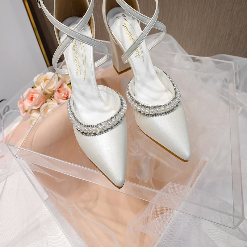 Women&amp;#39;s Shoes High Heels Sexy Pumps Wedding Bride Shoes Pearl Rhinestones Thick High-heeled Pointed Toe For Spring 2022 Sandals