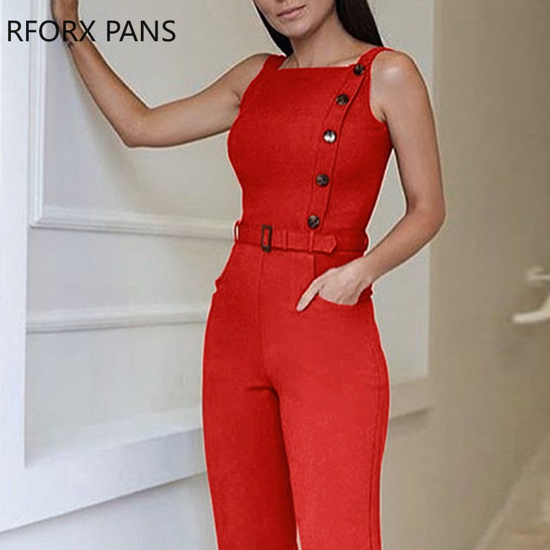 Sleeveless Solid Color Button Design Jumpsuit