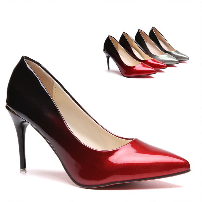 Women Shoes Pointed Toe Pumps Patent Leather Dress Wine Red 10CM High Heels Boat Shoes Wedding Shoes Zapatos Mujer