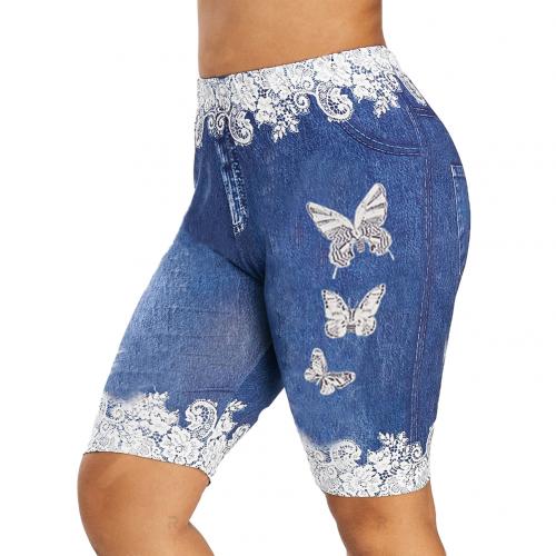 Plus Size Denim Shorts Women Lace Patchwork Butterfly Print Bodycon Shorts Elastic Skinny Denim Shorts for Women short feminino