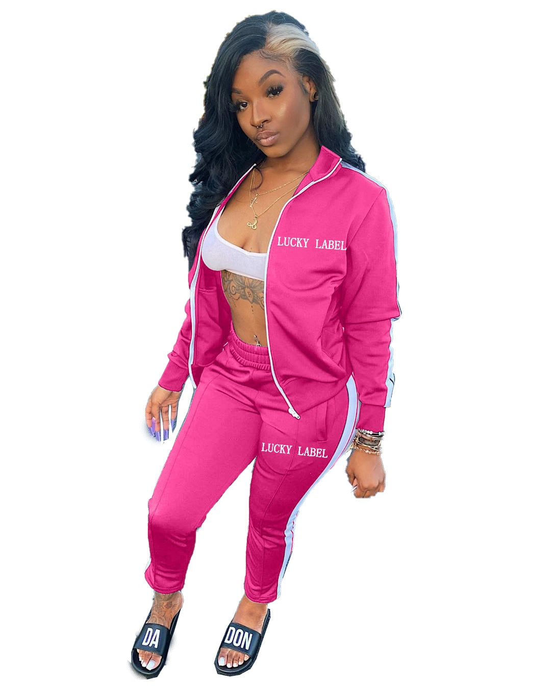 Ronikasha Women Two Piece Pants Set Sportswear Letter Lucky Label Embroidery Patchwork Zipper Tops + Sport Leggings Tracksuits
