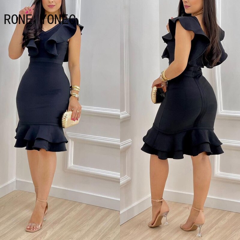Women Solid Sexy Flying Sleeves Cascading Ruffle Bodycon Formal Party Dresses