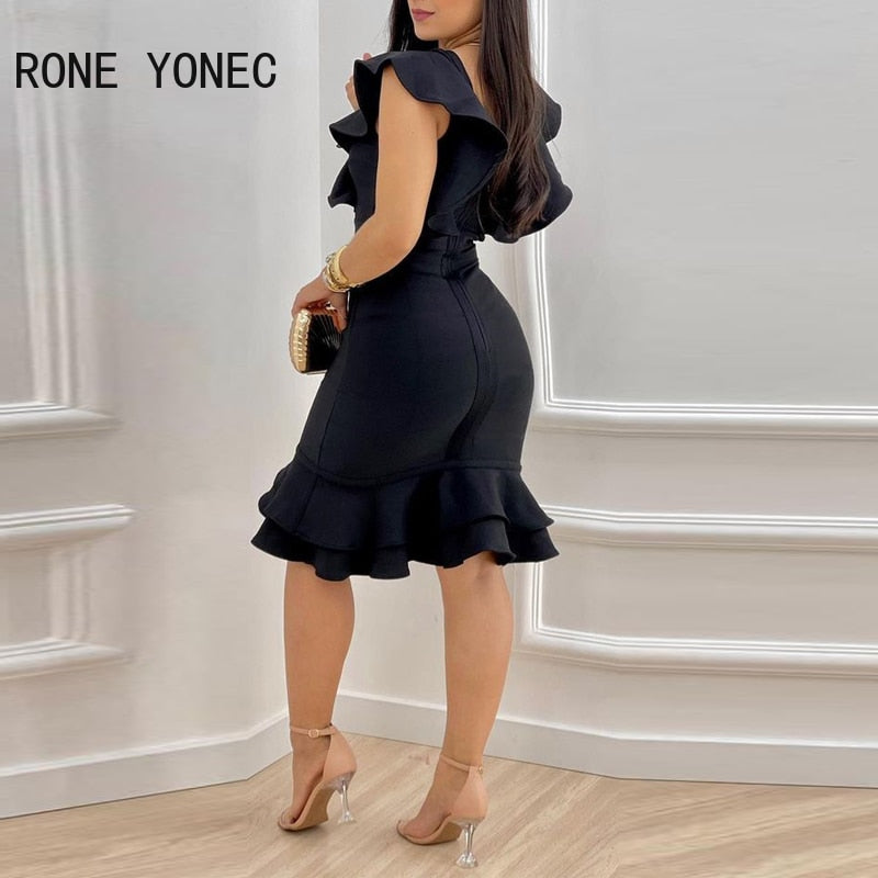 Women Solid Sexy Flying Sleeves Cascading Ruffle Bodycon Formal Party Dresses