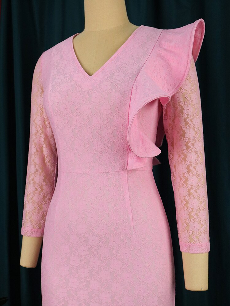 Women Pink Lace Dresses Midi Mermaid Long Sleeve African Ladies Party Birthday Dress Bodycon Large Size Formal Event Clothes