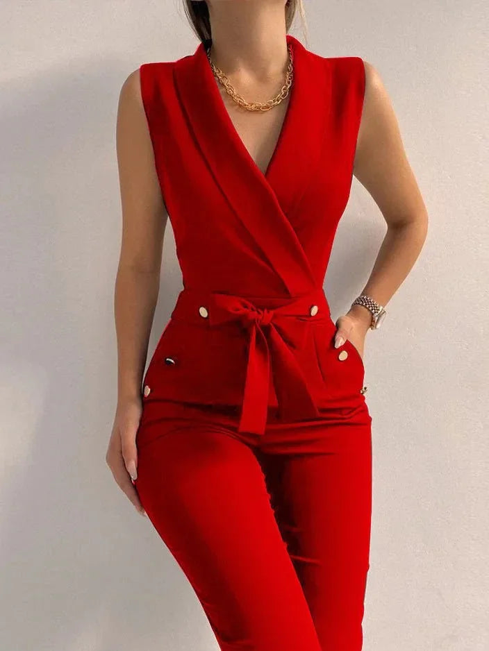 Women&#39;s Sleeveless Jumpsuit Solid Color Overall Bodysuit Clothing Office Style V-neck Lace-up Jumpsuits High Waist Belt Pants