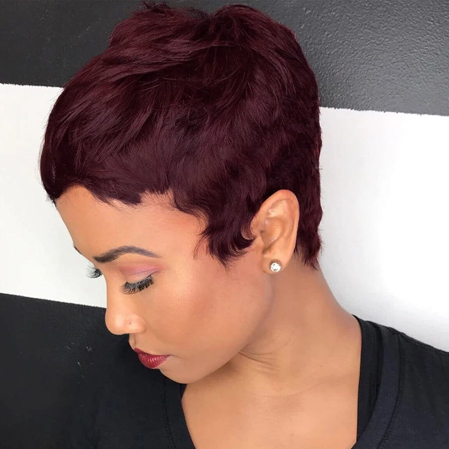 Human Hair Wigs 99J Pixie Cut  Short Wig for Black Women 100% Human Hair Non Lace Full Machine Wig