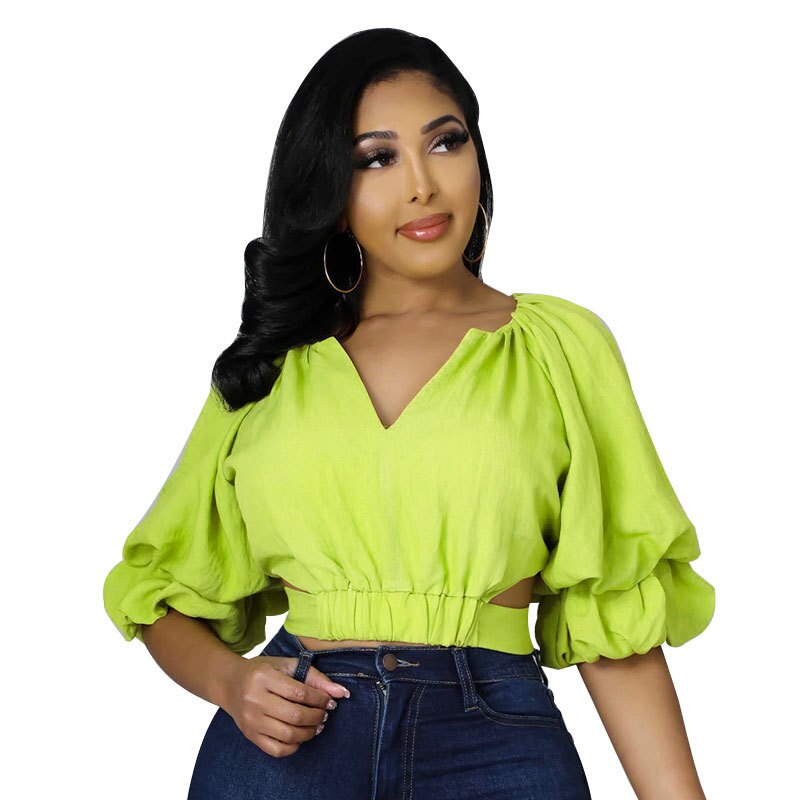 CM.YAYA Women Bow Back Cut Out Waist Lantern Three Quarter Sleeve V-neck Blouse and Shirt Tops for 2022 New Summer Spring