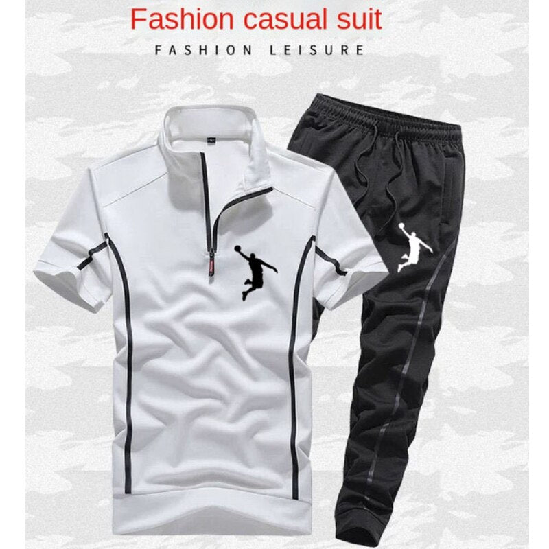 Short sleeved suit men&amp;#39;s summer thin large stand collar sportswear two-piece