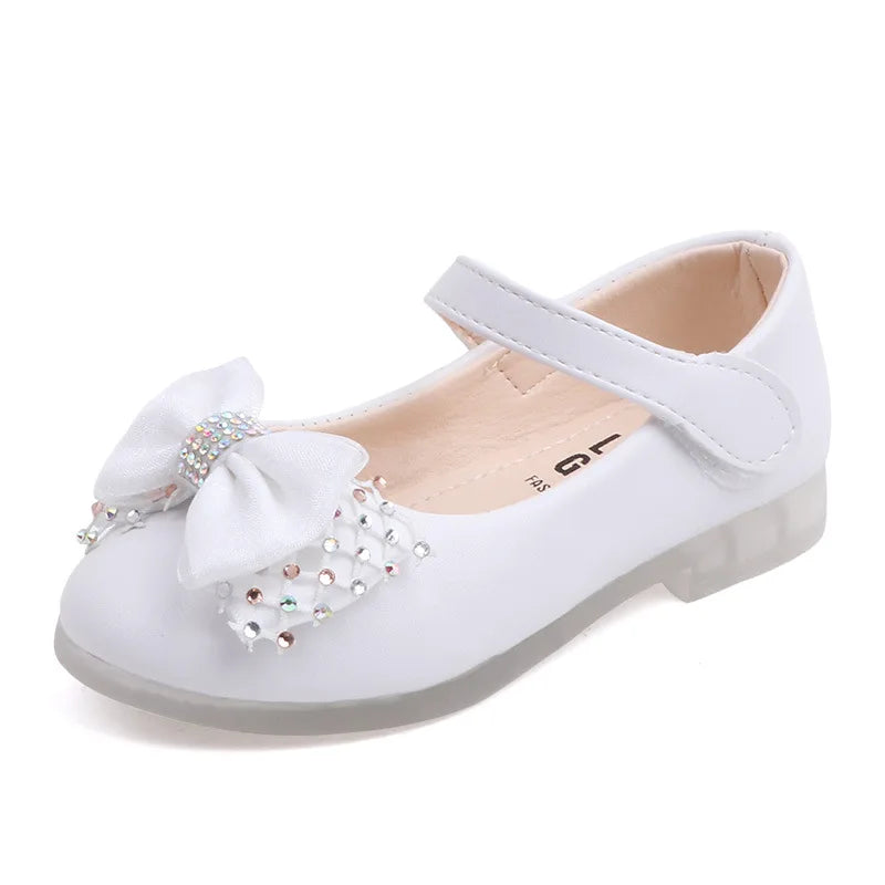 White Shoes For Girls Kids Wedding Dress Shoes Bow-knot Bowtie Sweet Crystal Children&#39;s Leather Flats Toddlers Girls Shoes 22-31