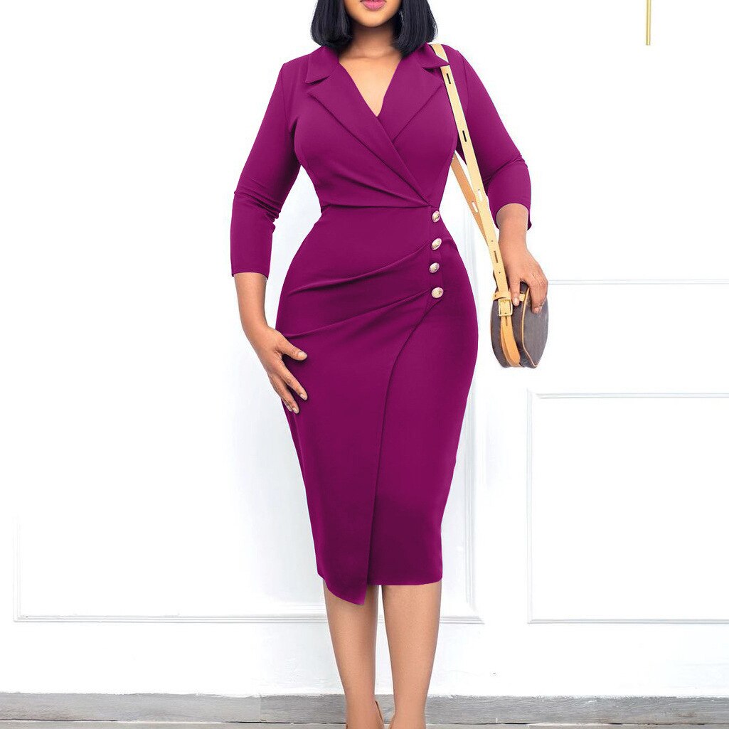 Elegant Dresses for Women Suit Collar 3/4 Sleeve High Waist Bodycon Slim Fit Robes Buttons Slit Office Ladies Work Wear Vestidos