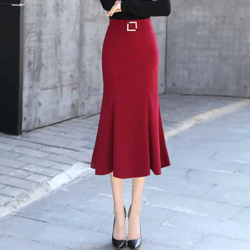 Summer Fashion Women High Waist Lady Office Wear Solid Color Mermaid Skirt Female Korean Casual Knee Length Trumpet Skirts E17