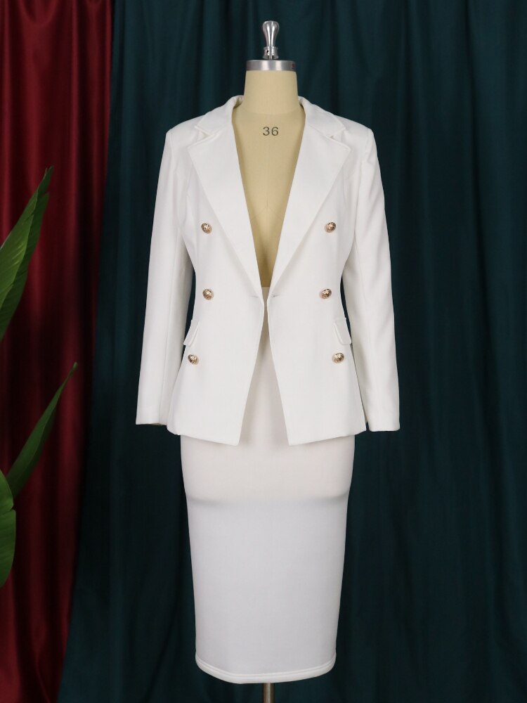 African Women Sets White Blazer Metal Buttons Midi Pencil Elastic Skirt 2 Piece Set Business Office Lady Causal Fashion Outfits