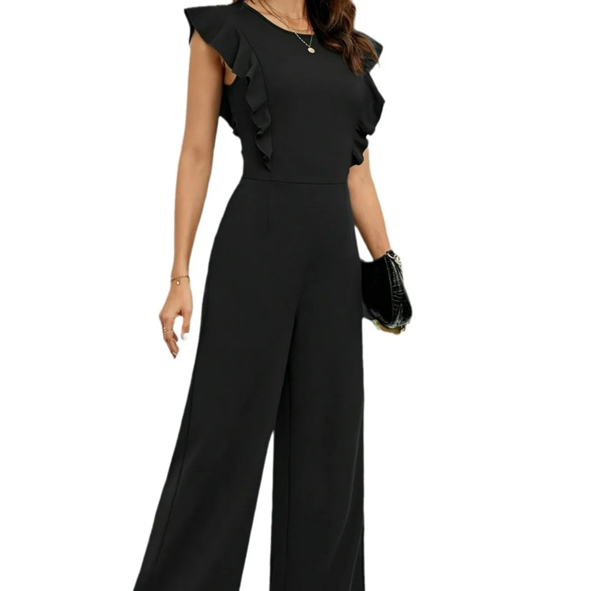 2024 Summer Black Jumpsuit Butte Sleeve WideJumps Elegant