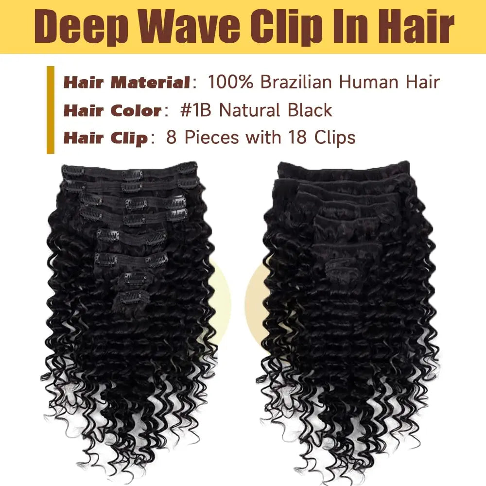 Deep Wave Clip ins Human Hair Extensionfor women 8 pcs real human hair curly tick