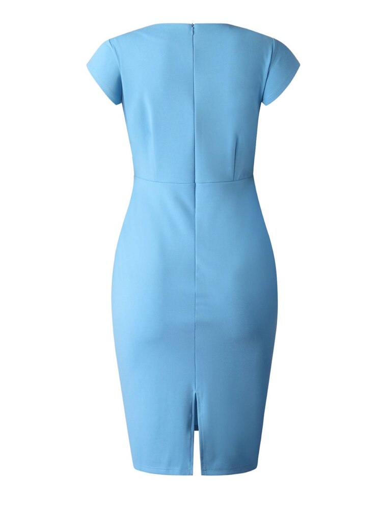 Blue Bodycon Dress Office Ladies Elegant Short Sleeve Knee Length Slim Classy Modest Work Wear Elastic Big Size Female African