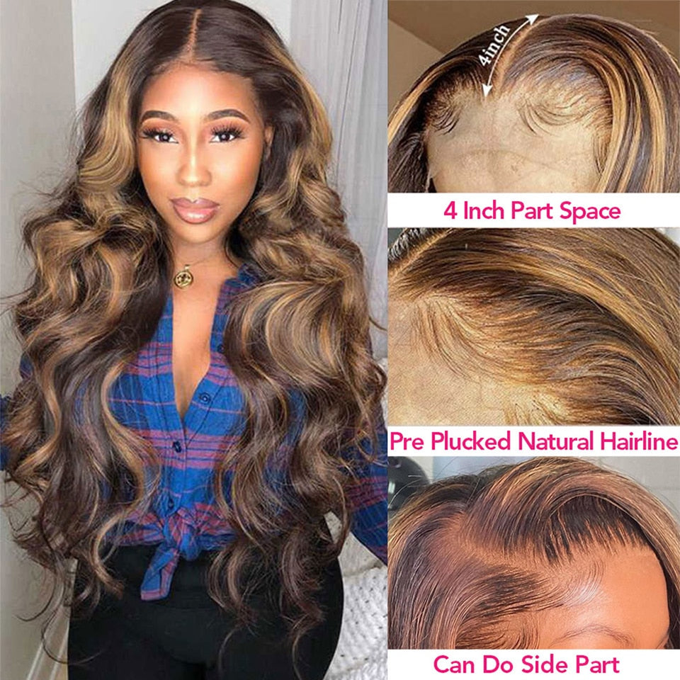 Highlight Body Wave Human Hair Wigs For Woman 4/27 Honey Brown Lace Frontal Wig With Baby Hair 180% Density 13x4 Lace Front Wigs