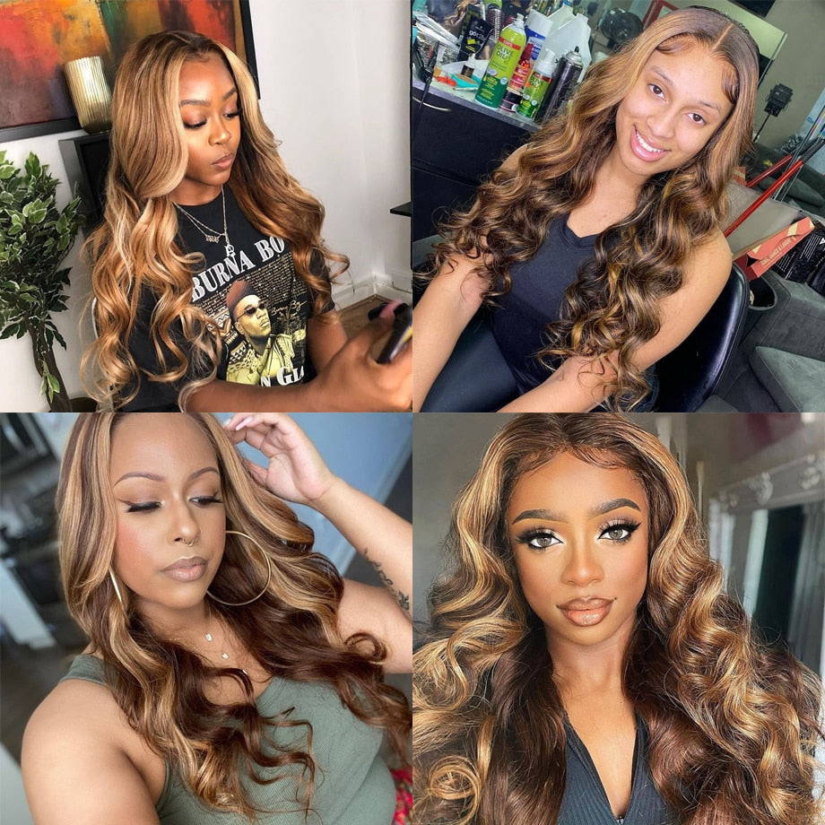 Highlight Body Wave Human Hair Wigs For Woman 4/27 Honey Brown Lace Frontal Wig With Baby Hair 180% Density 13x4 Lace Front Wigs