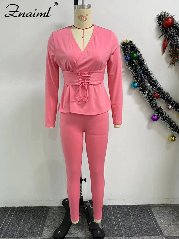 Znaiml Pink 2 Piece Set Women Autumn Winter Work Wear V-neck Bandage Tops and Pencil Pants Suit Elegant Office Lady Outfits New