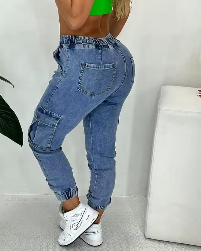 Casual Pocket Design Drawstring Cuffed Jeans for Summer 2023 New Plain Fashion Youth Skinny Cargo Denim Pants