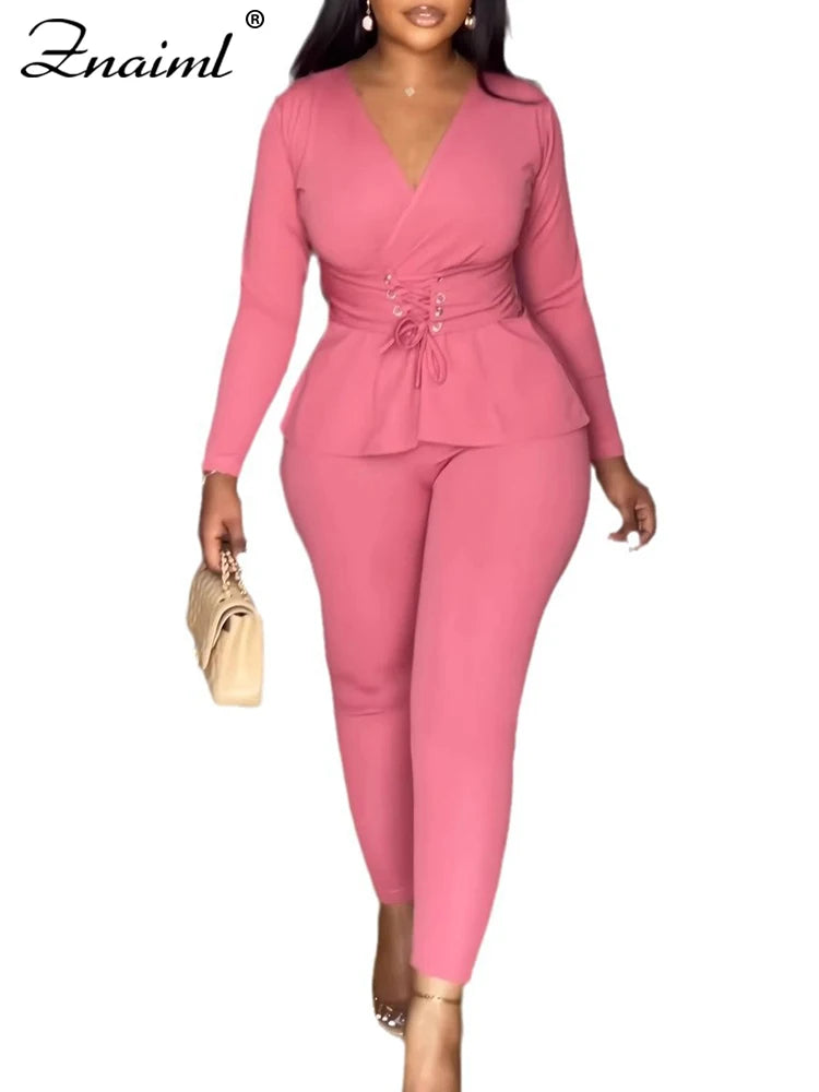 Znaiml Pink 2 Piece Set Women Autumn Winter Work Wear V-neck Bandage Tops and Pencil Pants Suit Elegant Office Lady Outfits New