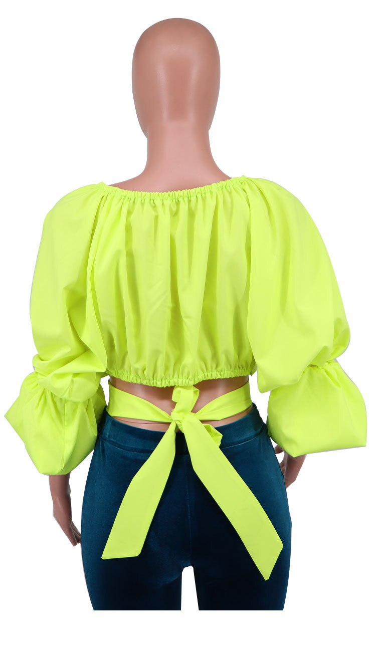 CM.YAYA Women Bow Back Cut Out Waist Lantern Three Quarter Sleeve V-neck Blouse and Shirt Tops for 2022 New Summer Spring