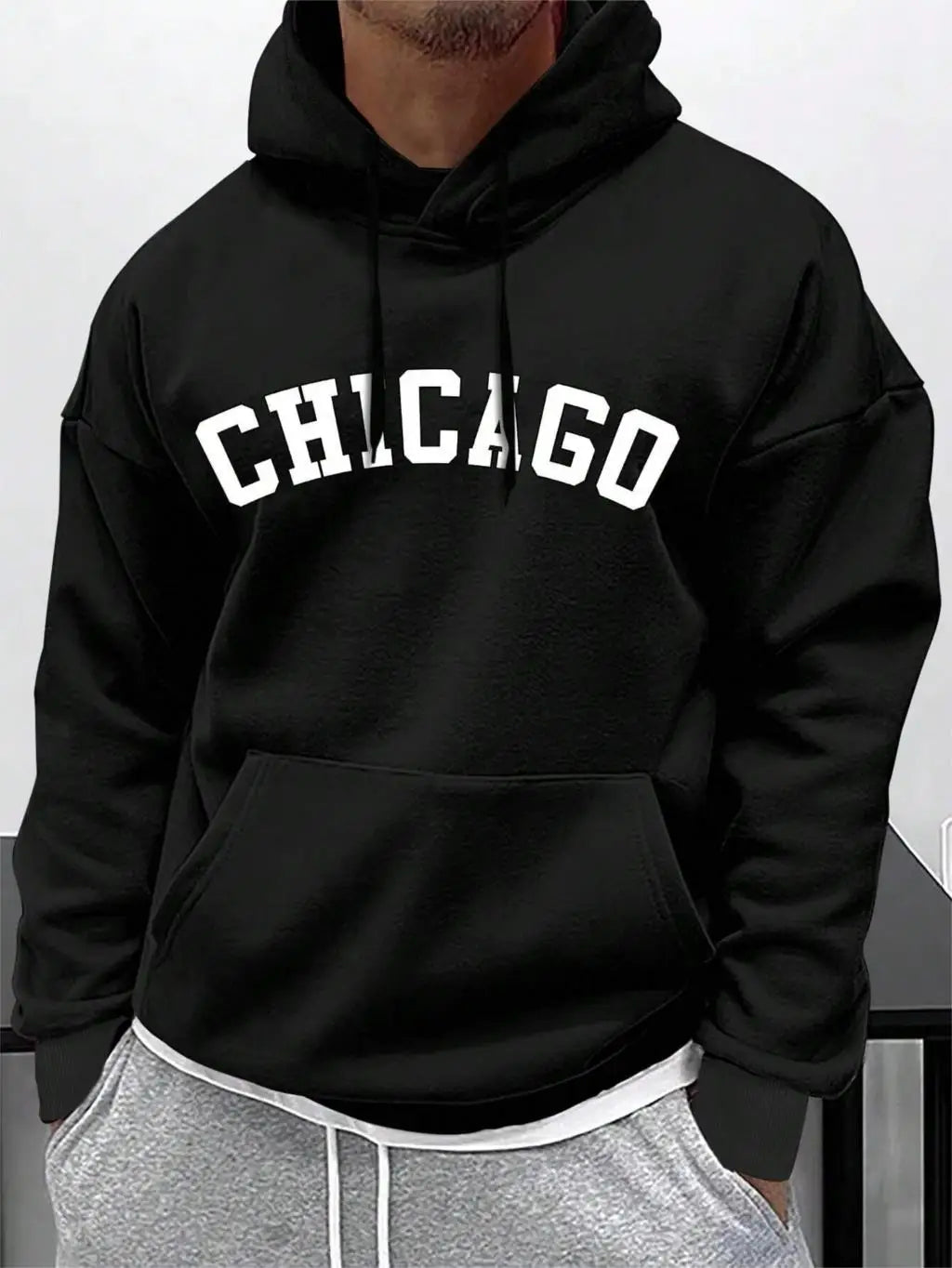 Street Letter Chicago Printing Hoodies For Men Pocket Drawstring Pullovers Thermal Fleece Soft Sweatshirts Autumn Casual Clothes