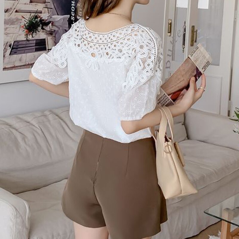 Women&amp;#39;s Lace Hollow Embroidery White Elegant Blouse Summer Trendy O Neck Short Sleeve Cotton Shirt Sweet Chic Top Female Blusas