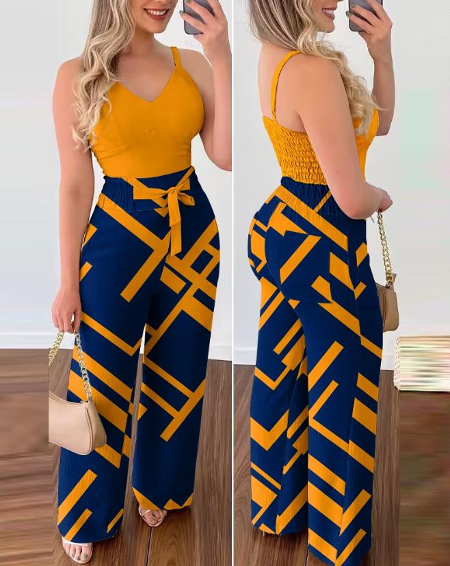 Two Piece Sets Womens Outifits 2023 Summer Fashion Shirred V-Neck Cami Top &amp;amp; Geometric Print High Waist Pocket Design Pants Set