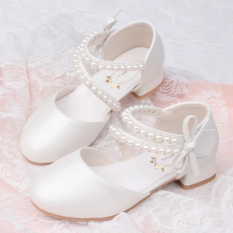 Spring Summer Girl Princess Shoes Pearl Bowknot Children Party Wedding Dress Sandals Fashion Causal Kids Performance High-heel