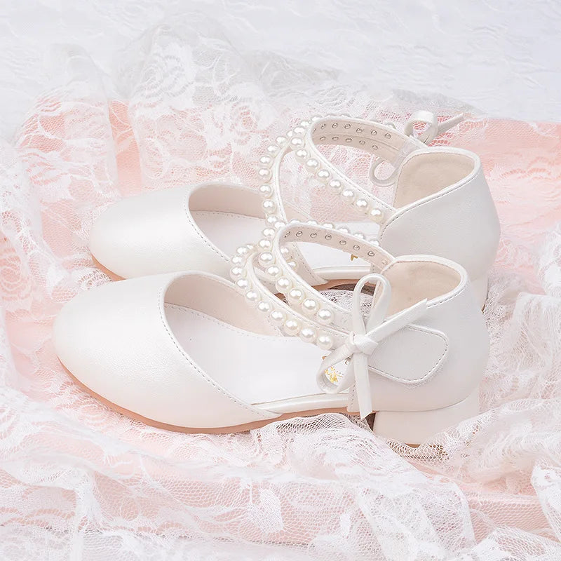 Spring Summer Girl Princess Shoes Pearl Bowknot Children Party Wedding Dress Sandals Fashion Causal Kids Performance High-heel