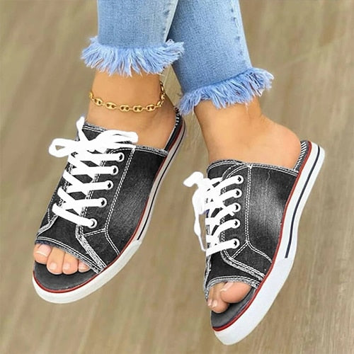 Ladies Slippers Canvas  Lace-up  Open-toed New Flat-Bottom  Casual Women Fashion Denim Beach Shoes 35-43
