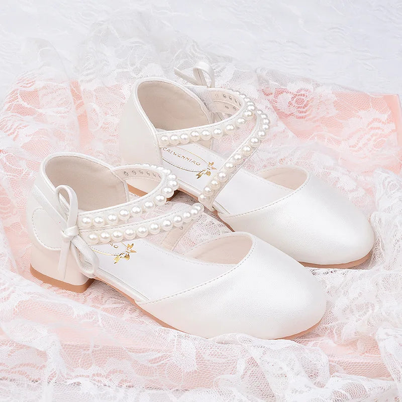 Spring Summer Girl Princess Shoes Pearl Bowknot Children Party Wedding Dress Sandals Fashion Causal Kids Performance High-heel