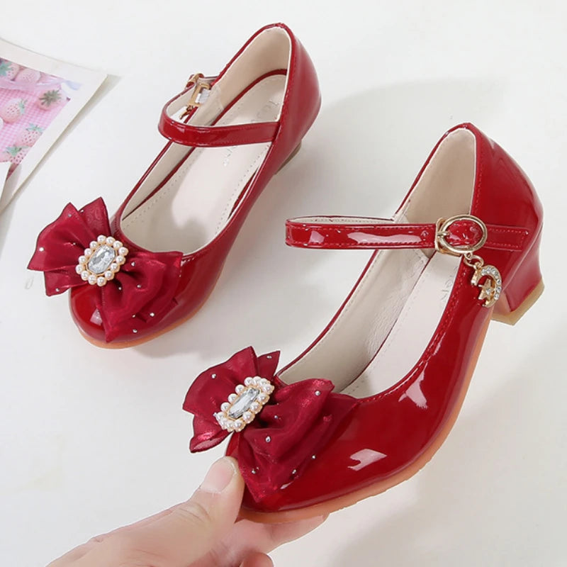 Elegant Girls children Hight heels fashion leather shoes spring wedding