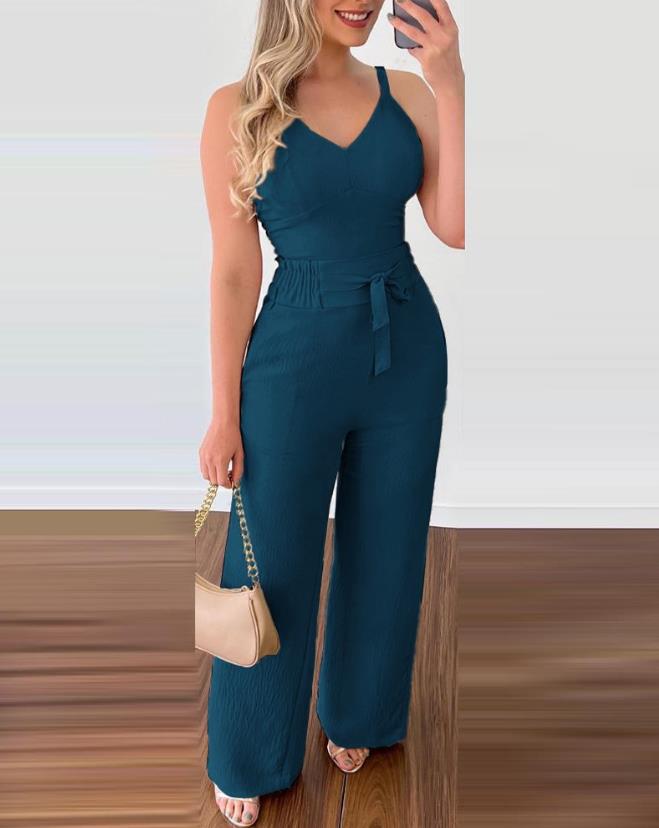 2023 Summer Woman Long Jumpsuits Elegant Sexy V-Neck Shirred Cami Top &amp;amp; High Waist Pants Set New Fashion Casual One Pieces