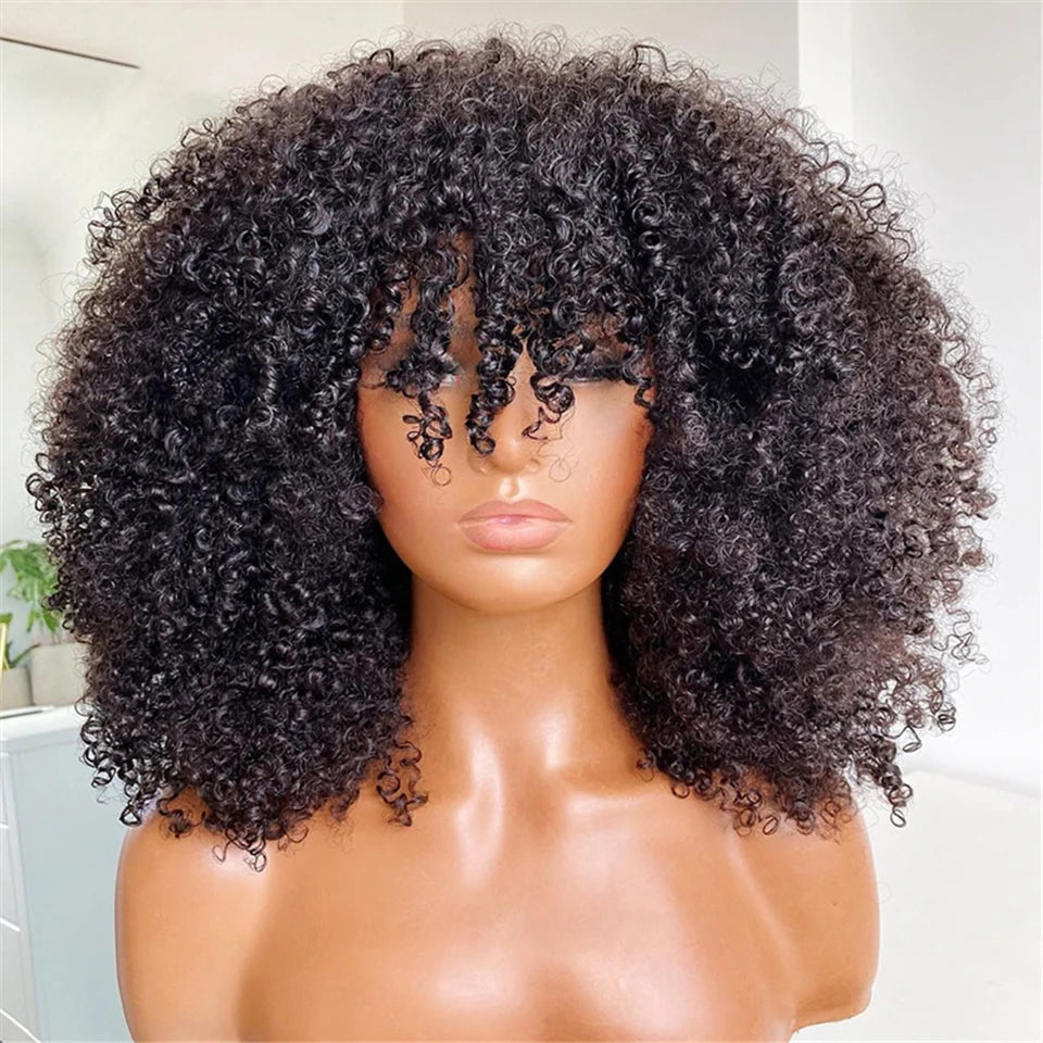 Mongolian Afro Kinky Curly with bangs wear to go Glueless wig Remy Brazilian Short Curly Bangs Wig Human Hair