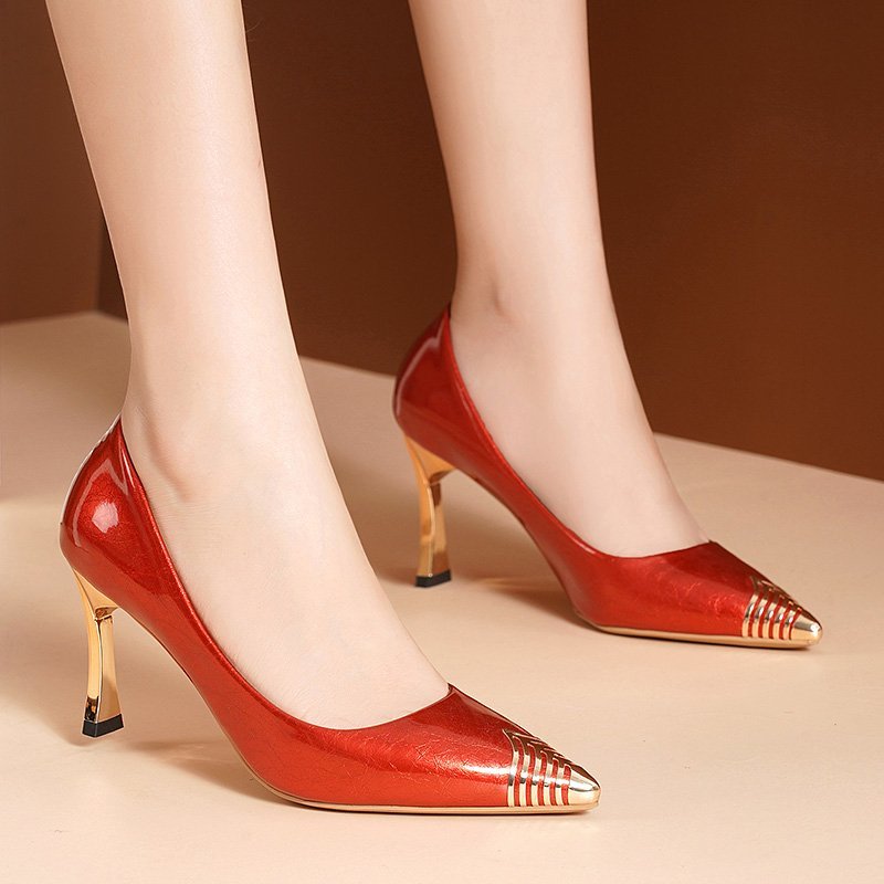 High Heels Women&amp;#39;s Spring and Autumn 2022 New Thin Heels Shallow Mouth Fashion Metal Pointed Toe Solid Color Fashion Shoes Women