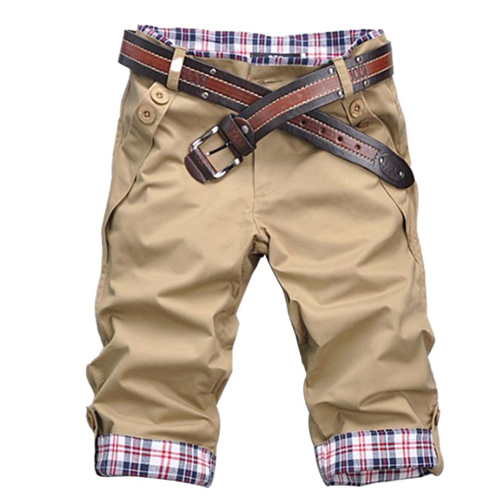 Men Casual Summer Plaid Patchwork Pockets Buttons Fifth Pants Beach Shorts Male