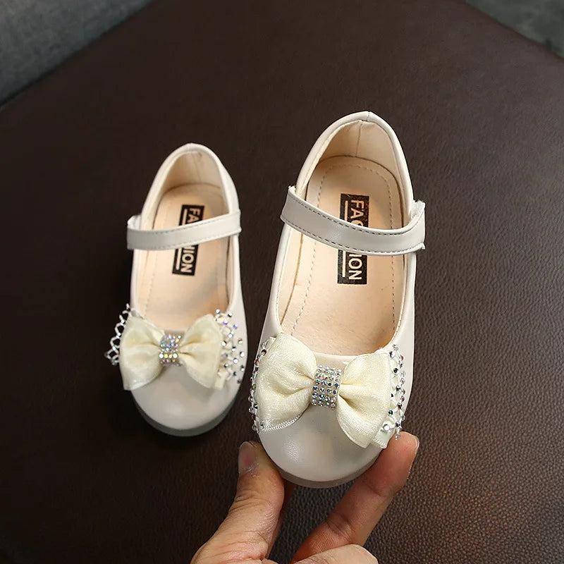 White Shoes For Girls Kids Wedding Dress Shoes Bow-knot Bowtie Sweet Crystal Children&#39;s Leather Flats Toddlers Girls Shoes 22-31