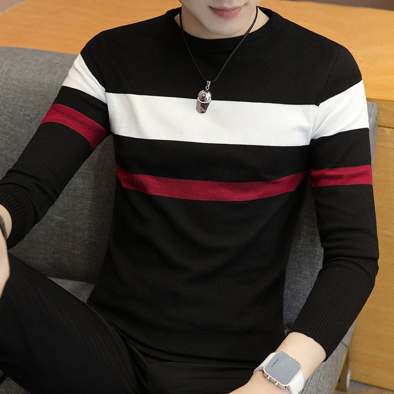 2023 Men&amp;#39;s Striped Thin Long-Sleeved Sweater Youth round Neck Pullover Slim Casual Sweater